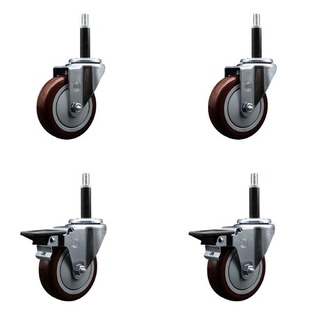Service Caster 4'' Maroon Poly Wheel Swivel 3/4'' Expanding Stem Caster Set 2 Brakes, 4PK SCC-EX20S414-PPUB-MRN-2-PLB-2-34
